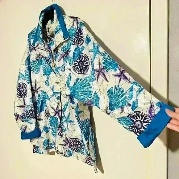 Vintage Lavon 90s Nylon Oversize Zip Up Windbreaker Jacket Beach Starfish Medium - Picture 4 of 8